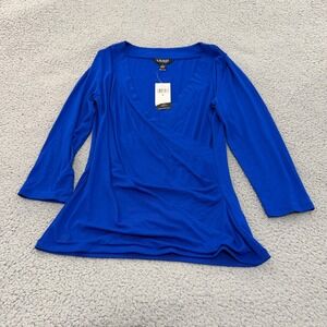Lauren Ralph Lauren Royal Blue Surplice Wrap Top 3/4 Sleeve Ruching NWT Size M